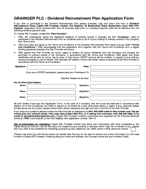 Grainger PLC Dividend Reinvestment Plan Application Form
