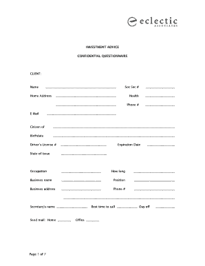 Investment Advice Confidential Questionnaire