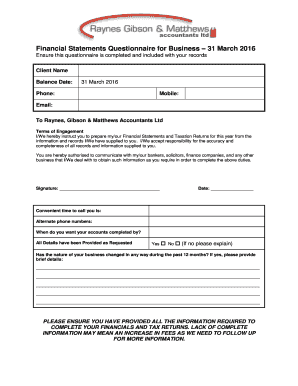 Financial Statements Questionnaire for Business