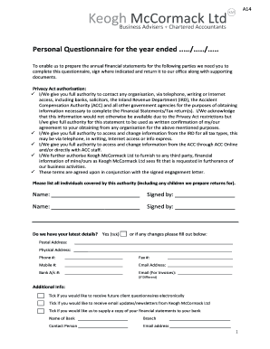Personal Questionnaire for Annual Financial Statements