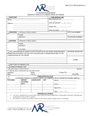 MRA Customs Tariff Classification Form