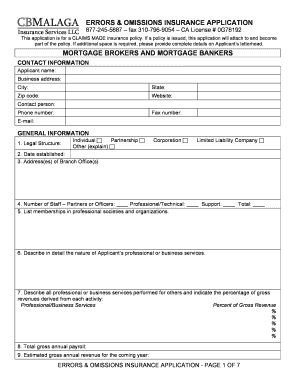 Errors and Omissions Insurance Application
