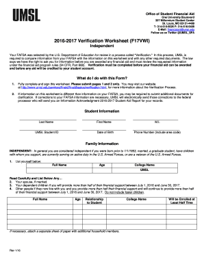 2016-2017 Verification Worksheet (F17VWI)