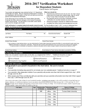 2016-2017 Verification Worksheet for Dependent Students
