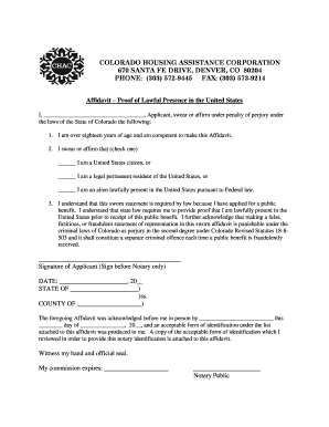 Colorado Affidavit Proof of Lawful Presence