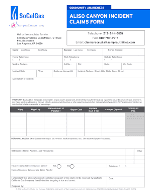 Aliso Canyon Incident Reimbursement Claim Form