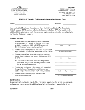 2015-2016 Transfer Entitlement Cal Grant Verification Form