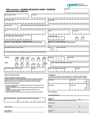 Peel eLearning Summer Secondary Credit Registration Form