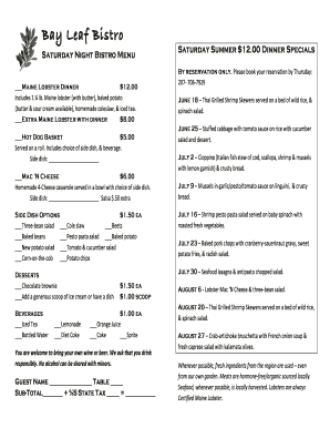 Fillable Online Bay Leaf Bistro Bay Leaf Cottages Fax Email