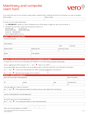 Vero Insurance Machinery and Computer Claim Form