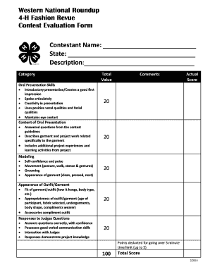 Presentation skills evaluation form - Western National Roundup 4H Fashion Revue Contest Evaluation Form Contestant Name: State: Description: Category Oral Presentation Skills Introductory presentation/Creates a good first impression Spoke articulately Creativity in presentation