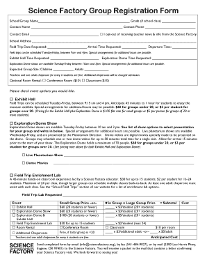 Science Factory Group Registration Form
