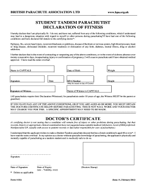 Student Tandem Parachutist Declaration of Fitness