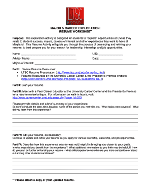 Resume Worksheet for Career Exploration