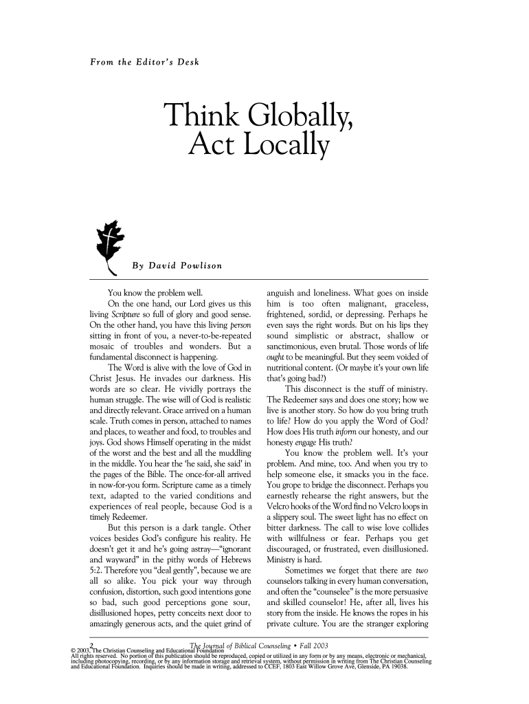 Think Globally Act Locally Biblical Counseling Christian Life Preview on Page 1