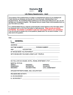 Life History Questionnaire – Adult