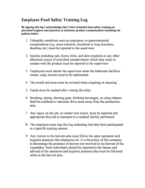 Employee Food Safety Training Log