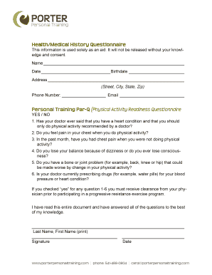 Personal Training Medical History Questionnaire
