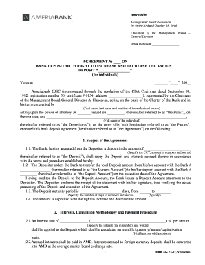 Bank Deposit Agreement with Variable Amount