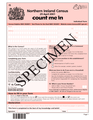 Northern Ireland Census 2001 Individual Form