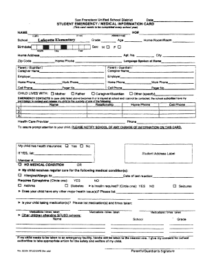 Student Emergency Medical Information Card