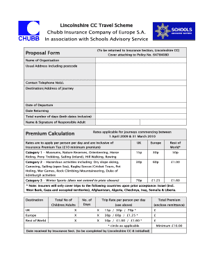 Lincolnshire CC Travel Insurance Proposal Form