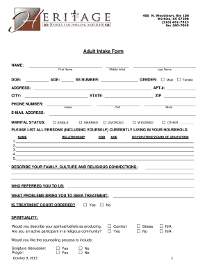 Adult Intake Form - Heritage Family Counseling Services