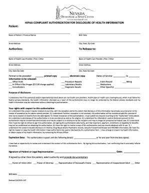 HIPAA COMPLIANT AUTHORIZATION FOR DISCLOSURE OF HEALTH INFORMATION Patient: Name of Patient / Previous Names Birth Date Street Address City, State, Zip Code Authorizes: To Release to: Name of Health Care Provider / Plan / Other Name of