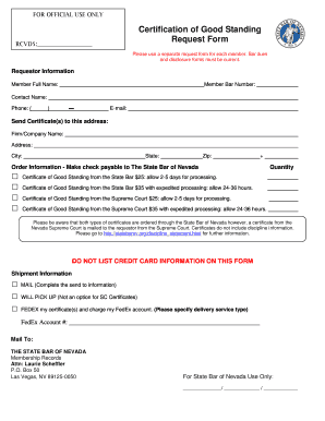 Nevada Certificate of Good Standing Request Form