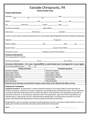 Patient Intake Form for Chiropractic Treatment