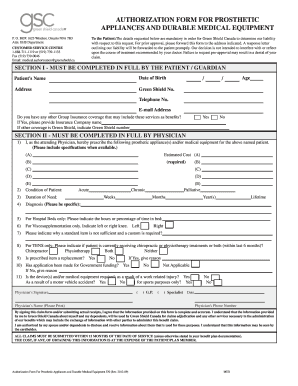 Authorization Form for Prosthetic Appliances and Durable Medical Equipment