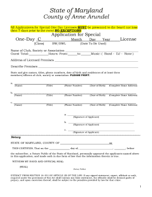 Maryland Special One-Day License Application