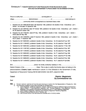 Backward Class Certificate Application Form