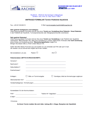 Anfrage-Formular Termin Poliklinik Hautklinik