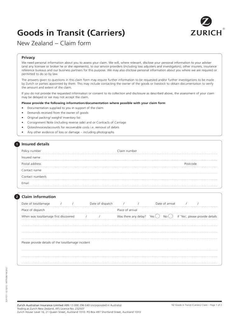 Fillable Online Goods In Transit (Carriers) Claim form Zurich New