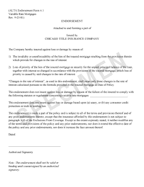 ALTA Endorsement Form 6.1 for Variable Rate Mortgages