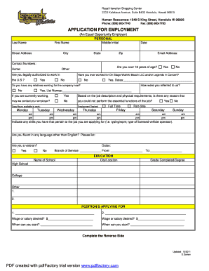 On Stage Waikiki Beach LLC Employment Application