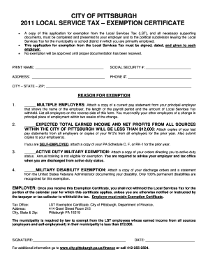 City of Pittsburgh Local Service Tax Exemption Certificate