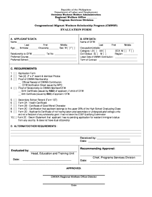 Congressional Migrant Workers Scholarship Program Evaluation Form