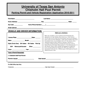 University of Texas San Antonio Parking Permit Application