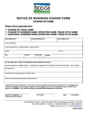 Notice of Business Change Form