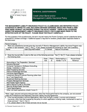 Credit Union Bond and Management Liability Insurance Renewal Questionnaire