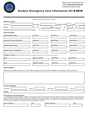 Student Emergency Care Information Form