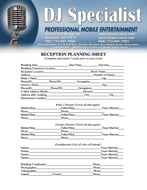 Wedding Reception Planning Sheet