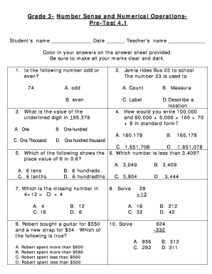 Grade 3 Number Sense and Numerical Operations Pre-Test