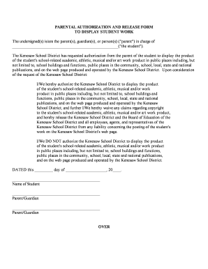 Parental Authorization and Release Form for Student Work Display
