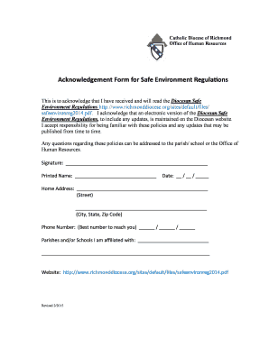 Acknowledgement Form for Safe Environment Regulations