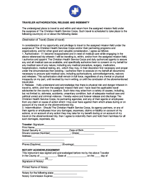 Traveler Authorization Release and Indemnity