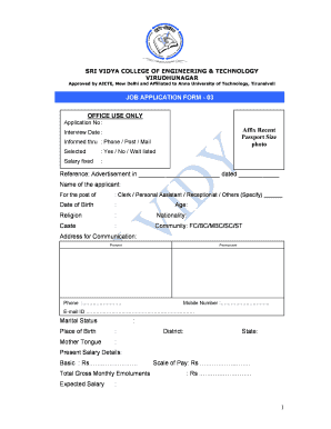 Job Application Form for Clerk or Assistant