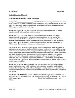 FERPA Educational Rights Annual Notification Form 2400.1